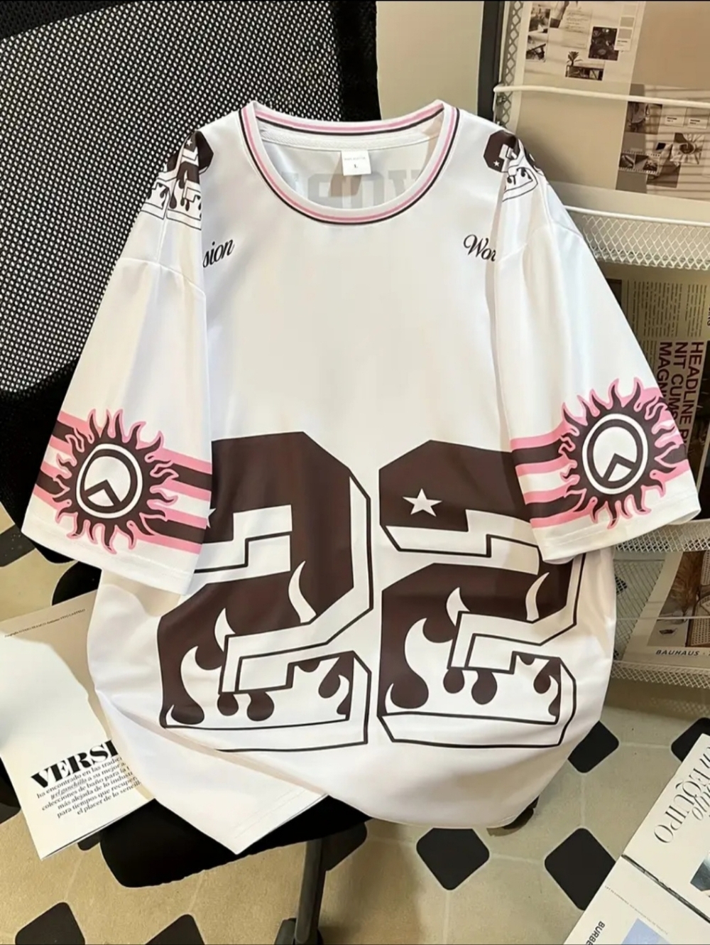 Graphic Tee with Brown Flame '22' and Pink Accents